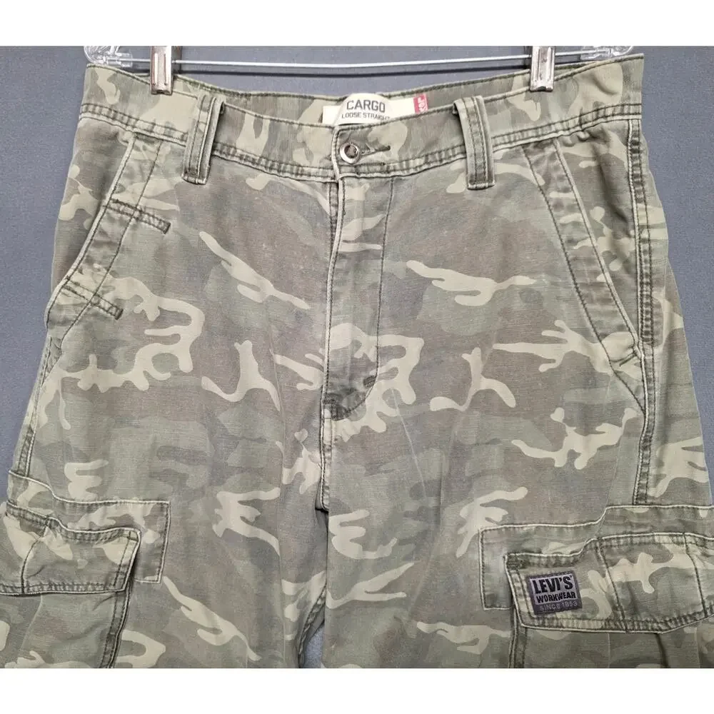 VTG Y2K Levi's Cargo Loose Straight Pants Men 32x34 Green Camo Workwear Cotton